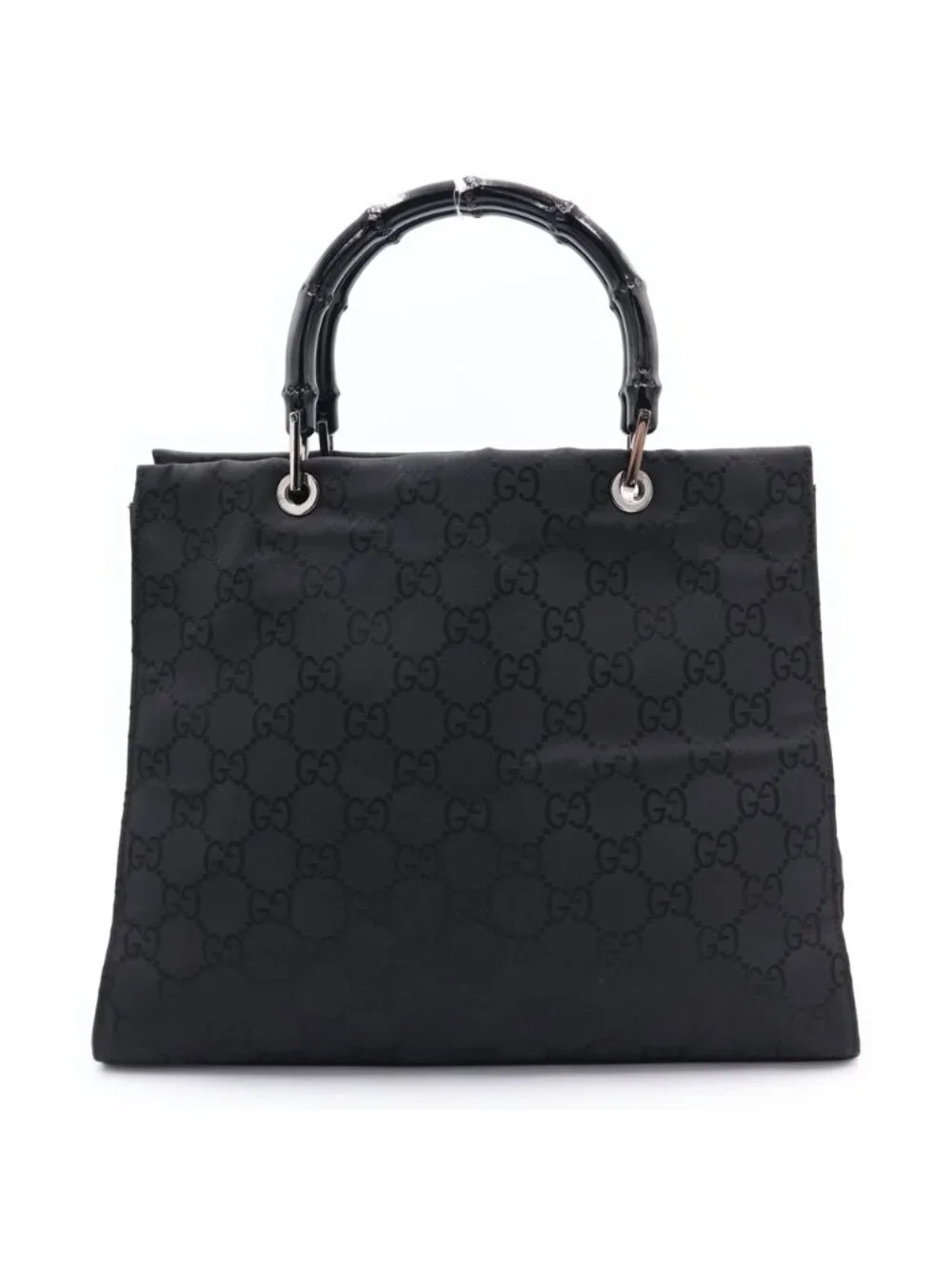 Gucci Tote Back Bamboo GG Canvas Silver Nylon Black